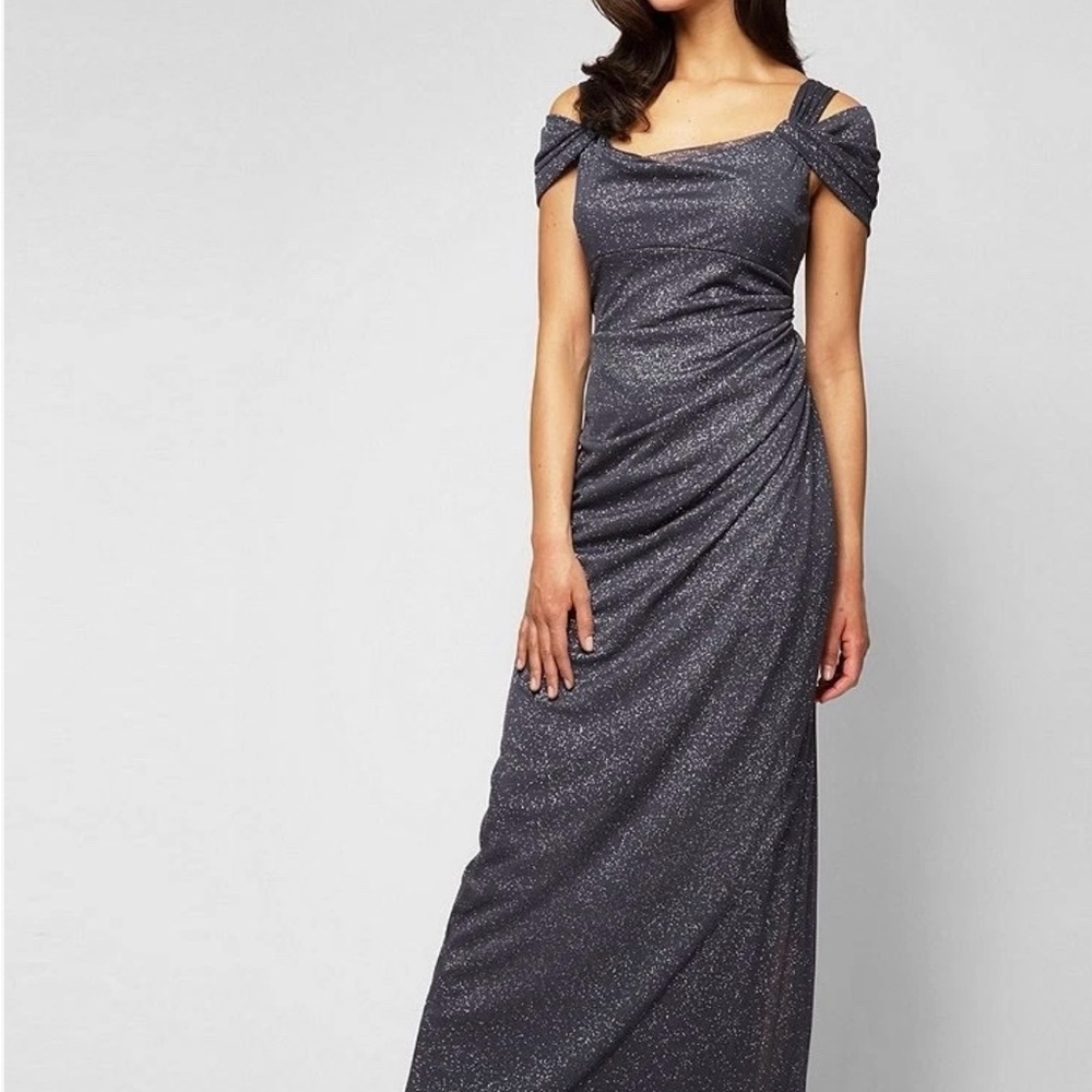Alex Evenings Gray Ruched Cold Shoulder Gown